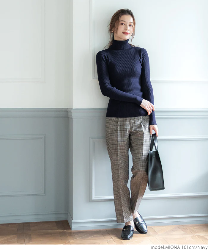 日本 COCA - 人氣定番 彈性羅紋薄針織上衣-中高領-奶油杏