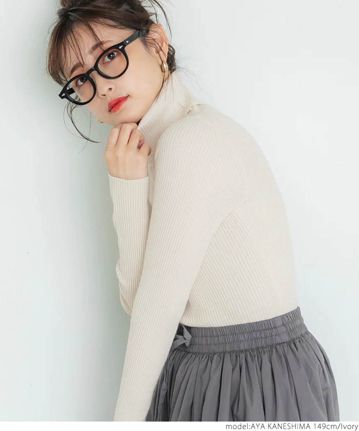 日本 COCA - 人氣定番 彈性羅紋薄針織上衣-中高領-奶油杏