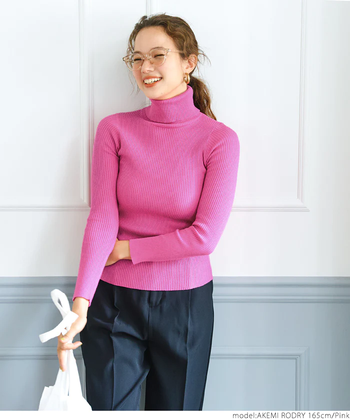 日本 COCA - 人氣定番 彈性羅紋薄針織上衣-中高領-奶油杏