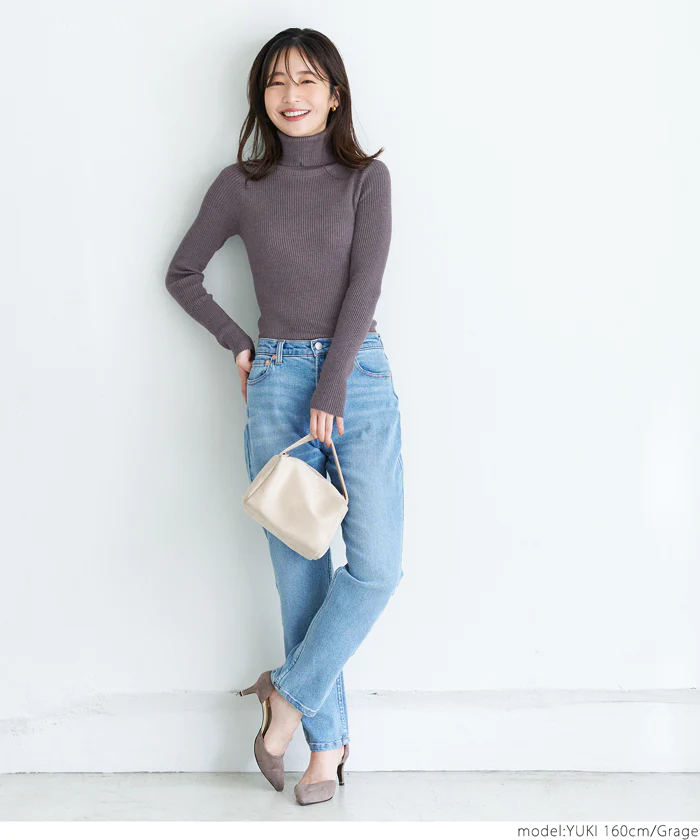 日本 COCA - 人氣定番 彈性羅紋薄針織上衣-中高領-奶油杏