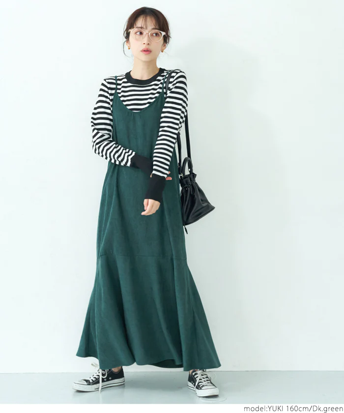 日本 COCA - 優雅燈芯絨魚尾吊帶裙-大人-墨綠