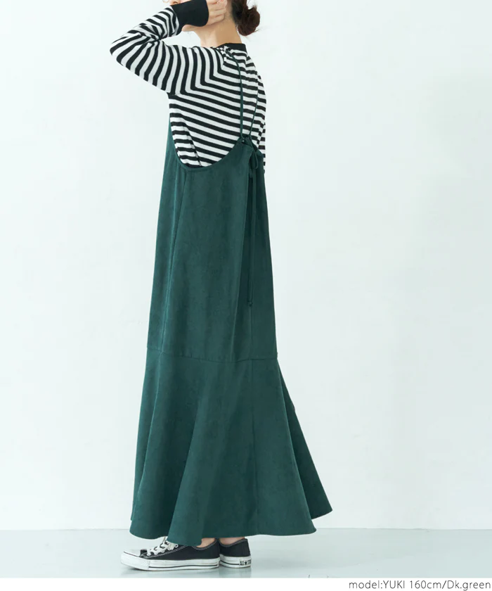 日本 COCA - 優雅燈芯絨魚尾吊帶裙-大人-墨綠