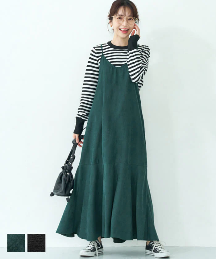 日本 COCA - 優雅燈芯絨魚尾吊帶裙-大人-墨綠