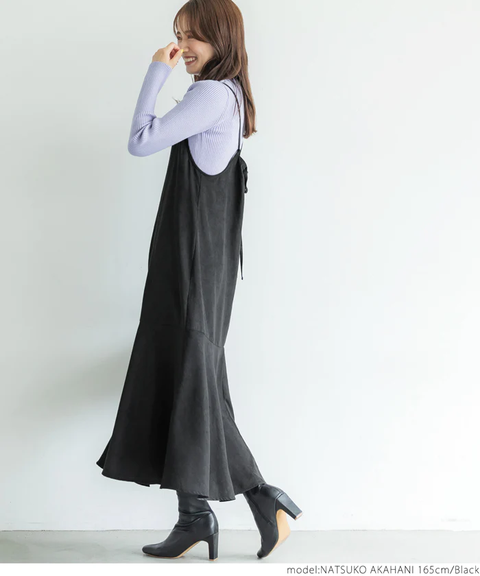 日本 COCA - 優雅燈芯絨魚尾吊帶裙-大人-墨綠