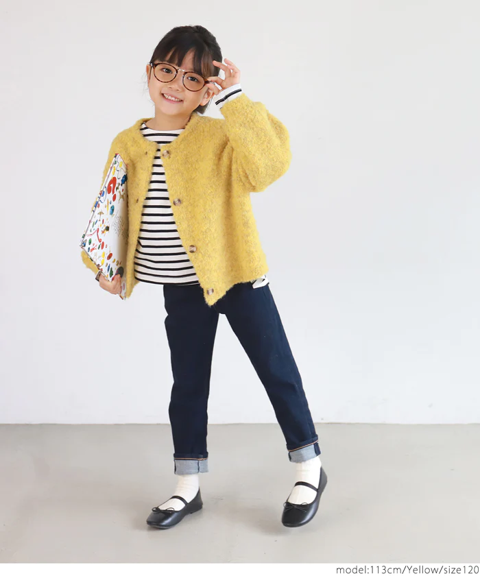 日本 COCA - 捲捲毛絨泡泡袖針織外套-孩子-萊姆黃