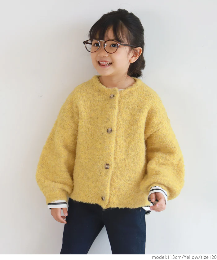 日本 COCA - 捲捲毛絨泡泡袖針織外套-孩子-萊姆黃