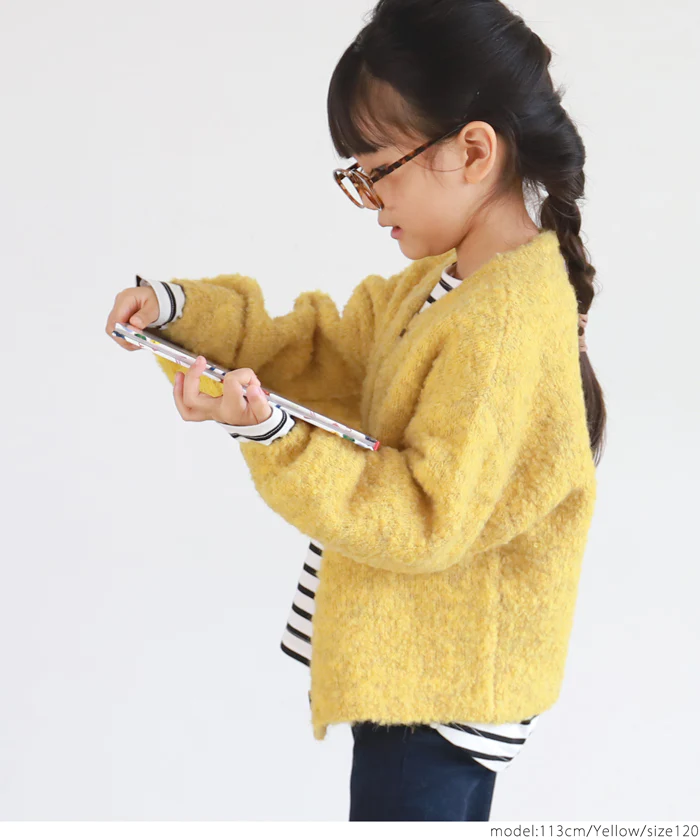 日本 COCA - 捲捲毛絨泡泡袖針織外套-孩子-萊姆黃